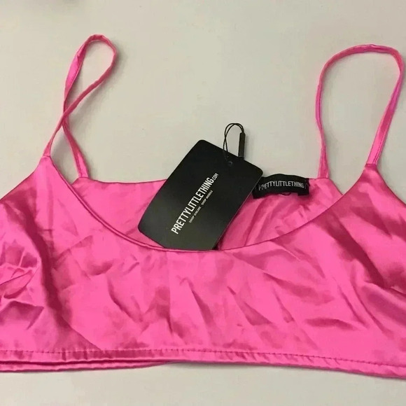 PrettyLittleThing Hot Pink Satin Bralet Crop Top 10 Spaghetti Straps Scoop Neck - Picture 7 of 7